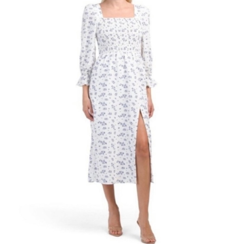 NEW House of Harlow 1960 Linen Midi Dress Size Small white/blue floral